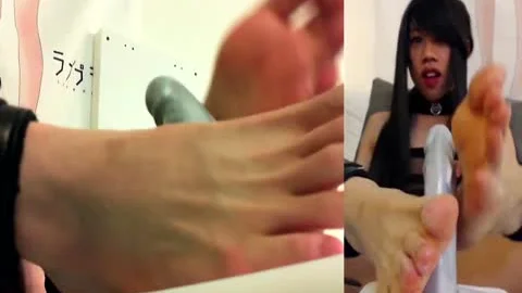 asian Crossdresser sextoy Footjob